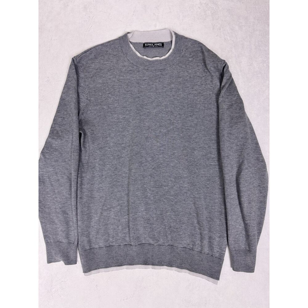 PJ Paul Jones Men’s Gray Crewneck Knit Sweater Double Collar Pullover Size M
